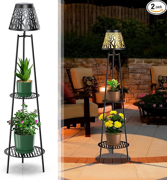 2 Pack Metal Solar Floor Lights Outdoor with Plant Stands, 45.5'' Solar Powered Street Lights, Solar Lantern for Garden Yard Pathway Driveway Porch