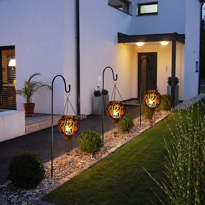 pearlstar Hot Air Balloon Solar Lantern with Flickering Flame Light Outdoor Solar Hanging Lights Waterproof for Garden Yard Farmhouse Patio Pathway Outside Decoration,Glass(Butterfly)