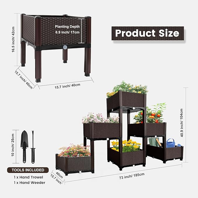 MAYOLIAH Raised Garden Bed with Drainage Elevated Planter Box Plastic Raised Beds for Gardening Vegetables Herb Flowers, Perfect for Indoor Outdoor Planting, 6 Boxes Brown