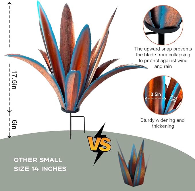 Enlarge thickened Wind Resistant Metal Agave Garden Art Metal Plant Country Garden Sculpture Statue Outdoor decoration Agave Metal Plant Courtyard Garden Lawn Ornament Gift (1, 12 Leaves blue)