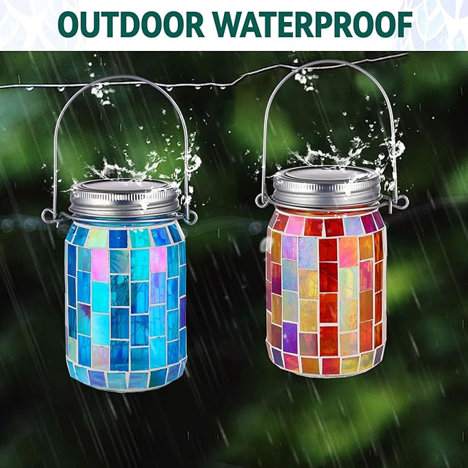 VOREEN 2 Pack Mosaic Solar Lanterns, Outdoor Glass Hanging Lights, Solar Table Lamps, Waterproof Night Lights, Color Jar Lights Easter Gifts, Decor for Garden, Patio, Yard, Balcony, Blue&Orange