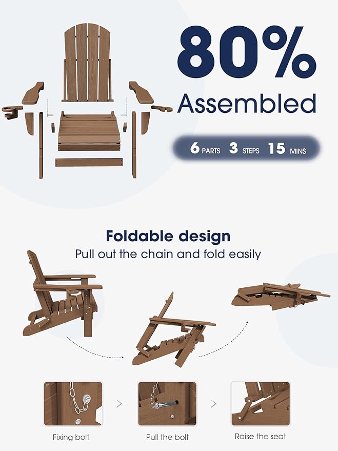 KINGYES Folding Adirondack Chair, Dual Cup Holders & All-Weather HDPE, Wood-Like Patio Chair, Brown