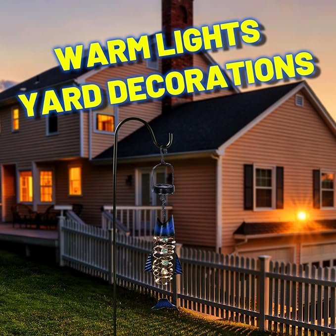 HONGLAND 2 Pack Solar Lantern Outdoor - Metal Fish Hanging Decoration - Waterproof Warm LED Lights Outside - Unique Gifts for Garden Man Women Holiday Days, Birthdays, Attractive Addition to Yard Art