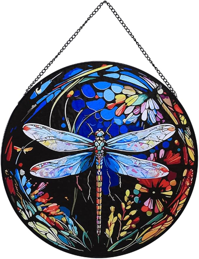 Hanging Stained Glass for Windows,20cm/7.87inch Dragonfly Hand-Painted Sun Catcher Garden Hangings Christmas Mother's Day, Valentine's Day Ornaments Festival Gift (A Style)