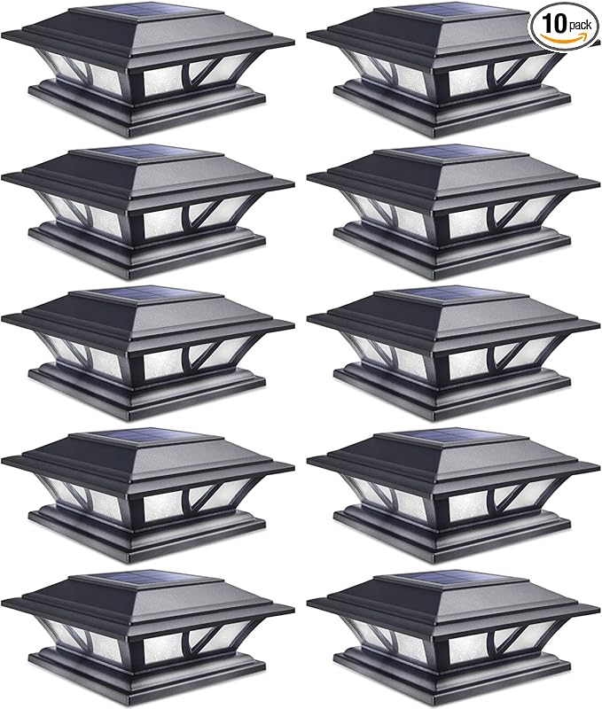 SIEDiNLAR Solar Post Lights Outdoor 2 Modes LED Deck Fence Cap Light for 4x4 5x5 6x6 Posts Patio Garden Decoration Warm White/Cool White Lighting Black (10 Pack)