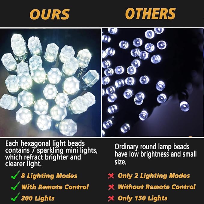 Solar String Lights Outdoor,115 Ft 300 LED Solar Christmas Lights with Remote,8 Modes Waterproof Patio Lights for Christmas Tree Patio Yard Garden Party Decor (White)