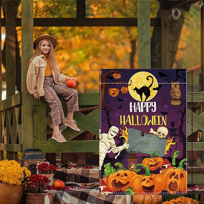 Happy Halloween Garden Flag Halloween SpookyGhost Skeleton Bats Garden Flag 12x18 inch Double Sided Holiday Decorations for Yard Outside Lawn (Flay 1811)