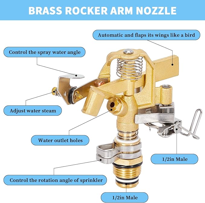1/2 Inch Brass Sprinklers Head,Heavy Duty Water Sprinkler for Yard with 360 Degree Large Area Coverage Irrigation, Adjustable Impact Sprinklers Head Nozzle for Grass Patio Garden Irrigation