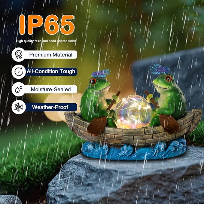 Solar Frog Boating Garden Statue with Ball Light 5.1" Resin Frogs Decor for Home Front Door Patio Porch Balcony Women Gardeners Moms Wives Girlfriends