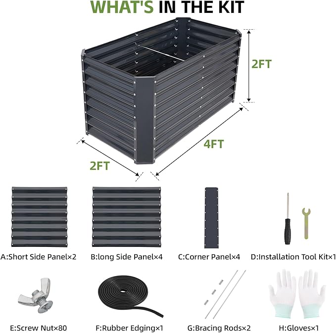 4x2x2ft Raised Garden Bed - Galvanized Deep Root Planter Boxes Outdoor with Wing Nuts and Safety Edges for Gardening Vegetables, Flowers, Herbs, Succulents - Gray