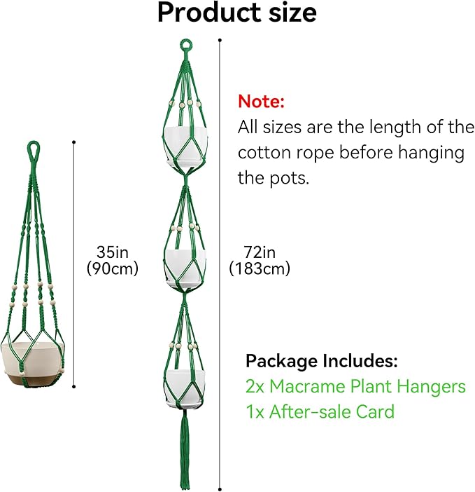 USLAI Macrame Plant Hanger Indoor Outdoor, Up to 4-15 inch Pot, Heavy 20lb Planters, Extra Long Strong Hanging Planter Basket Holder, Boho Home Decor, 35+72 Inch, Green (POTS NOT Included)
