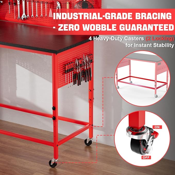 47" Heavy Duty Adjustable Workbench with Power Outlets, Pegboard & Locking Wheels - 2100LB Capacity Garage Work Table, Compatible with Milwaukee Battery, Reinforced Steel Frame for Workshop & Home Use