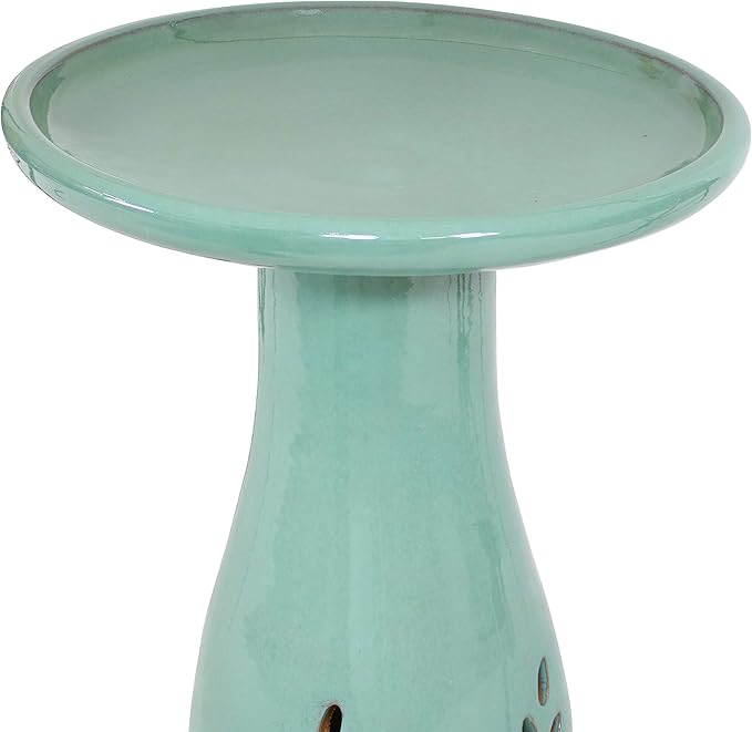 Sunnydaze 21" H Ceramic Bird Bath for Outside - Hand-Painted Outdoor Bird Bath Bowl, UV/Frost-Resistant Finish - Seafoam - Cut Out Pedestal