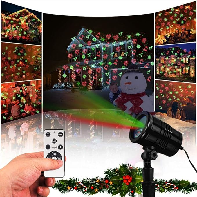 Christmas Laser Lights Outdoors Decoration Projector Light Waterproof LED Star Show for Xmas Decor House Home Yard Garden Patio Wall Indoor, Red and Green with Wireless Remote