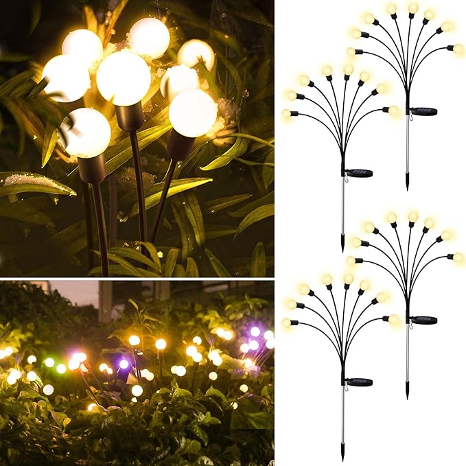 Solar Firefly Lights 4 Pack 32 LED Lights 2 Lighting Modes for Garden, Patio and Yard Solar-Powered LED Lights (Warm White)