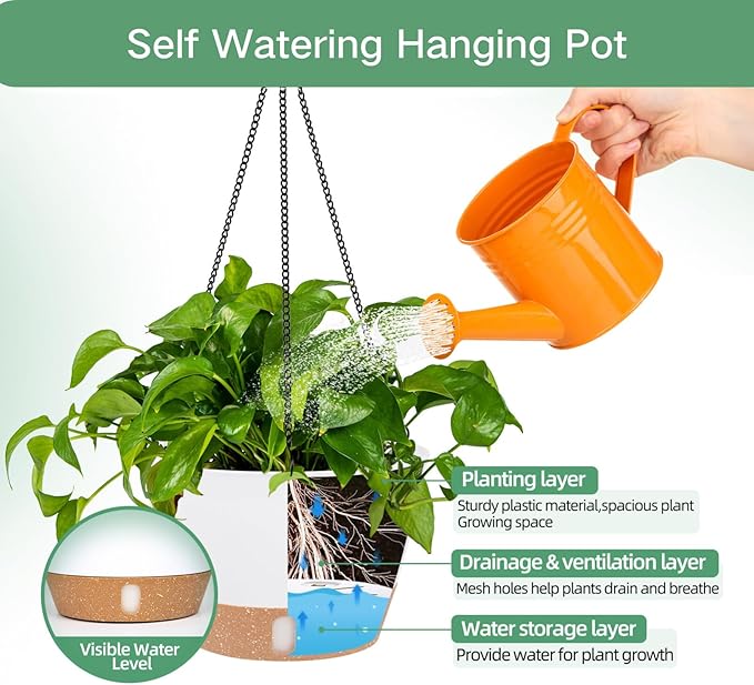 QCQHDU 2 Pack 10 inch Hanging Planters for Indoor Plants, Outdoor Hanging Baskets, Self Watering Pots with Drainage Holes & Removable Tray (White, 10 inch)