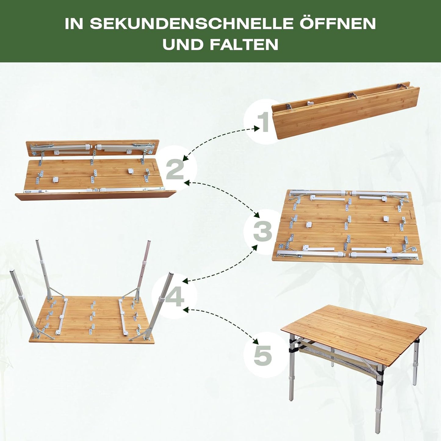 Bamboo Folding Camping Table 4 Folds with Adjustable Aluminum Legs Portable Picnic Table with Storage and Carry Bag for Outdoor Hiking Beach 3-5 Person