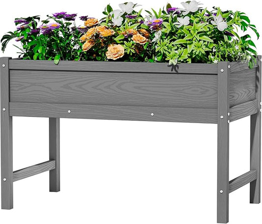 HDPE Raised Garden Bed with Legs, Outdoor Weather-Resistant Elevated Planter Box Stand for Seeds, Herbs, Flowers, Vegetables (Grey)