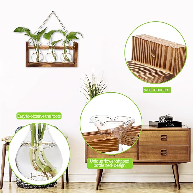 Plant Propagation Station Plant Terrarium Unique Birthday Gifts for Women Plant Lovers Home Office Decor Planter with Wooden Stand - 3 Bulb Glass Vase