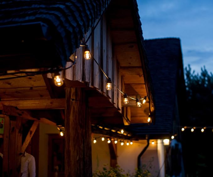 Hometown Evolution, Inc. Commercial E26 String Lights with 16 Gauge Wire (50 Foot 25 Socket, S14 11 Watt Clear Bulb)