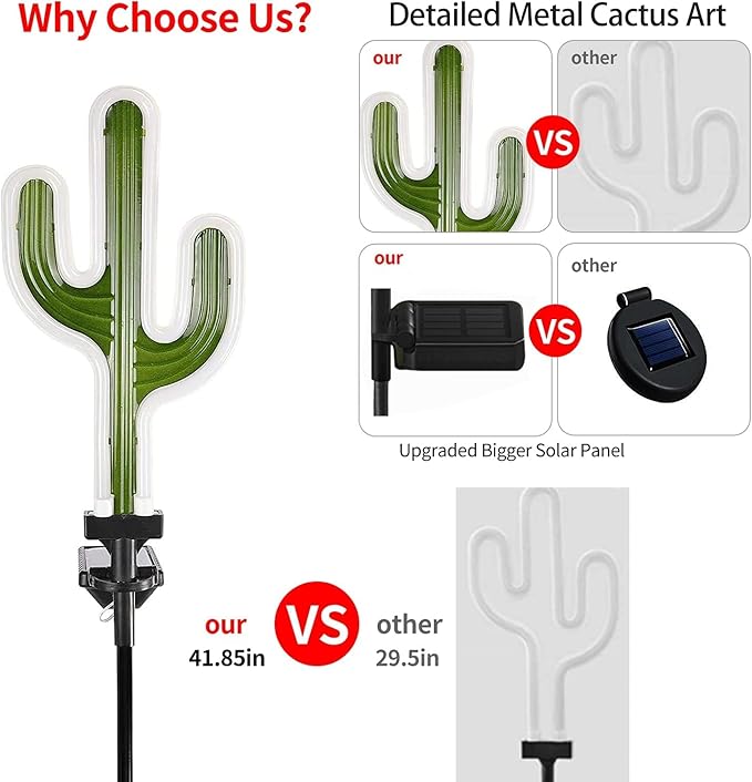 Solar Cactus Neon Lights Outdoor Decor- 2 Pack 41.3 in Gifts for Mom Woman, Garden Stake Decorative LED Lights Waterproof Path Lighting for Christmas Yard Lawn Patio Walkway Driveway Sidewalk Decor