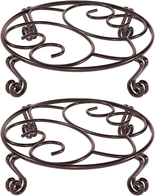 Yimobra 2 Pack Plant Stand for Flower Pot Heavy Duty Potted Holder Indoor Outdoor Metal Rustproof Iron Garden Container Round Supports Rack for Planter Bronze, Brown, 9.4 Inches
