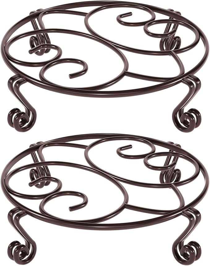 Yimobra 2 Pack Plant Stand for Flower Pot Heavy Duty Potted Holder Indoor Outdoor Metal Rustproof Iron Garden Container Round Supports Rack for Planter Bronze, Brown,11.8 Inches