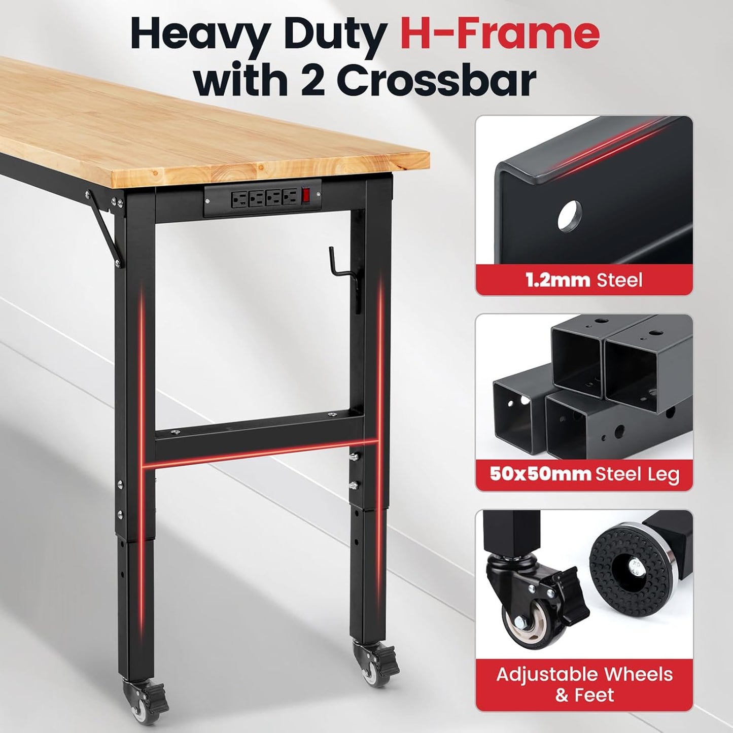 Workbench with Wheels 60 Inch Rubberwood Tabletop Garage Workbench Adjustable Height Work Bench with Pegboard, Power Outlets for Woodworking, Home, Office, Workshop