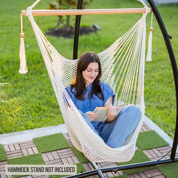 JoyView Hammock Chair with Spreader Bar Caribbean Hammock Swing Chair 300 LBS Weight Capacity XL Rope Hanging Chair for Outdoor Indoor Garden Yard - Brown