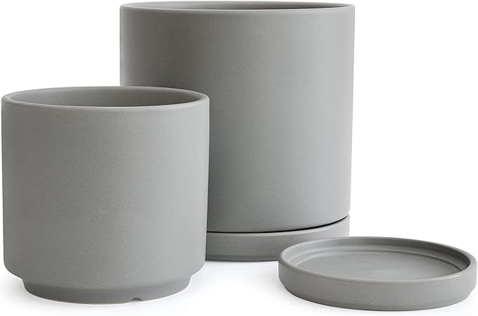 D'vine Dev 6 Inch & 8 Inch Ceramic Planter Pots for Plants with Drainage Hole and Saucer, Medium Plant Pots Set, Grey, 94-G-M-3