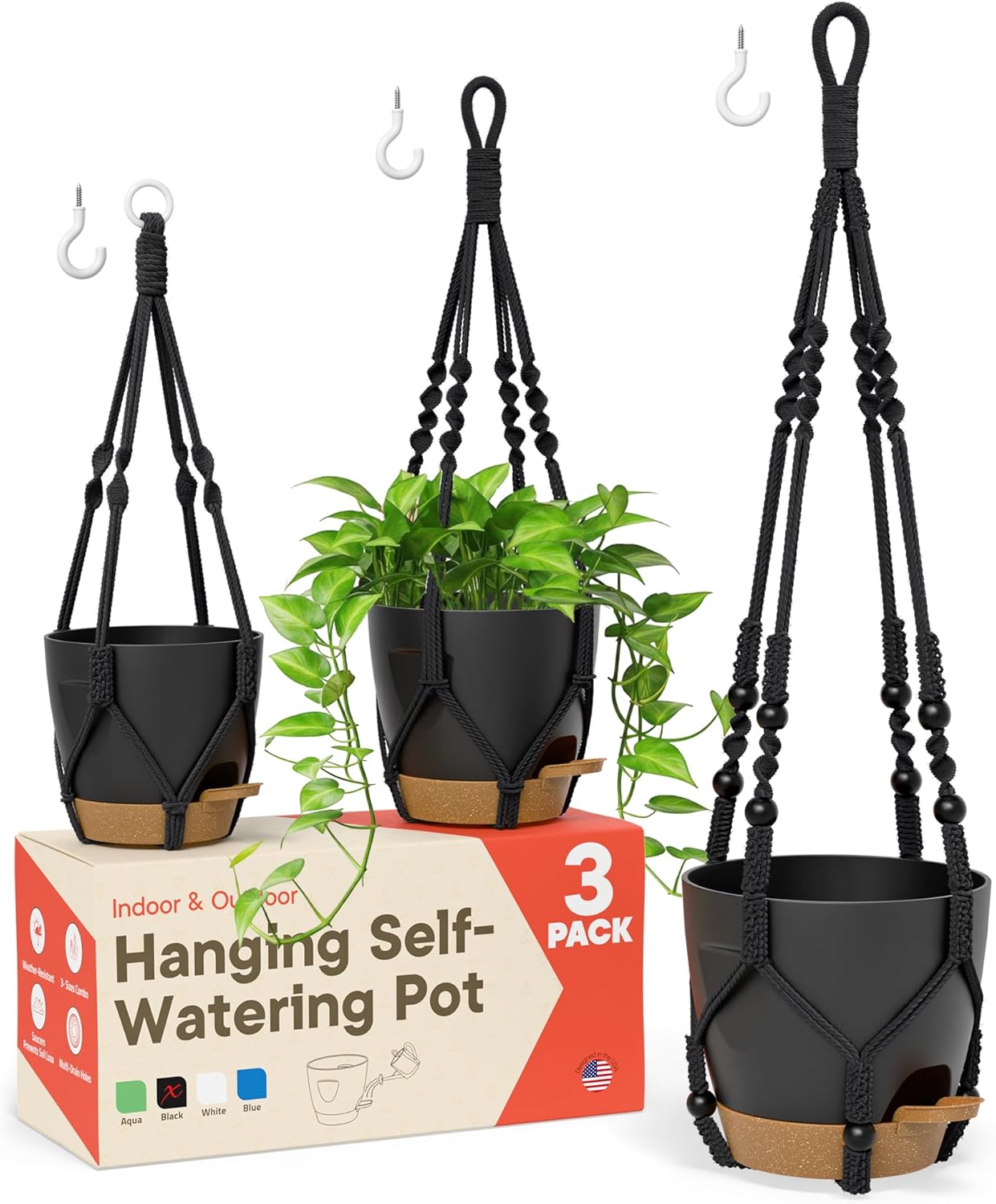 Black Hanging Self Watering Pots with Macrame Black Rope, 3 Pack Indoor & Outdoor Hanging Plant Pots with Built-in Reservoir, Wick Rope, Drainage Holes & Hooks, Stylish Boho Decor Hanging Planter