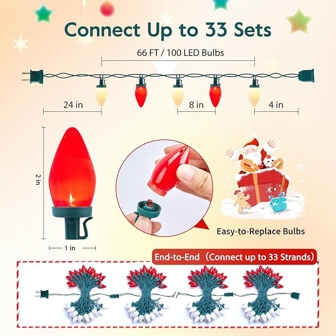 Brightown C9 LED Christmas String Lights, 66ft Vintage Outdoor Lights String with 100 Smooth Opaque Bulbs, Plug-in Waterproof Roofline Lights String for Outside Patio Christmas Holiday Decor