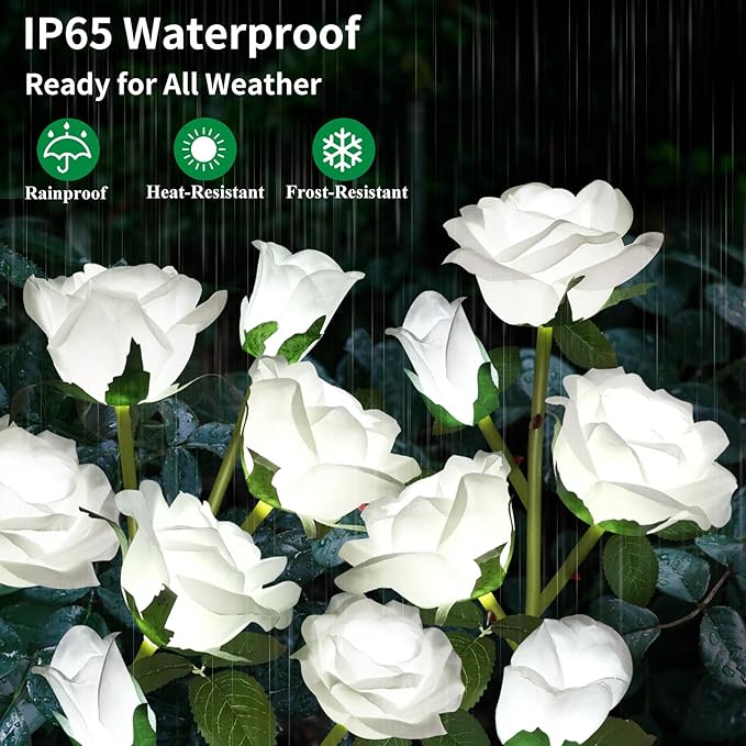 Solar Garden Lights, Solar Outdoor Lights with More Realistic 10 Rose Waterproof Solar Powered Flowers Lights for Outside Patio Yard Pathway Decorations, 2 Pack White