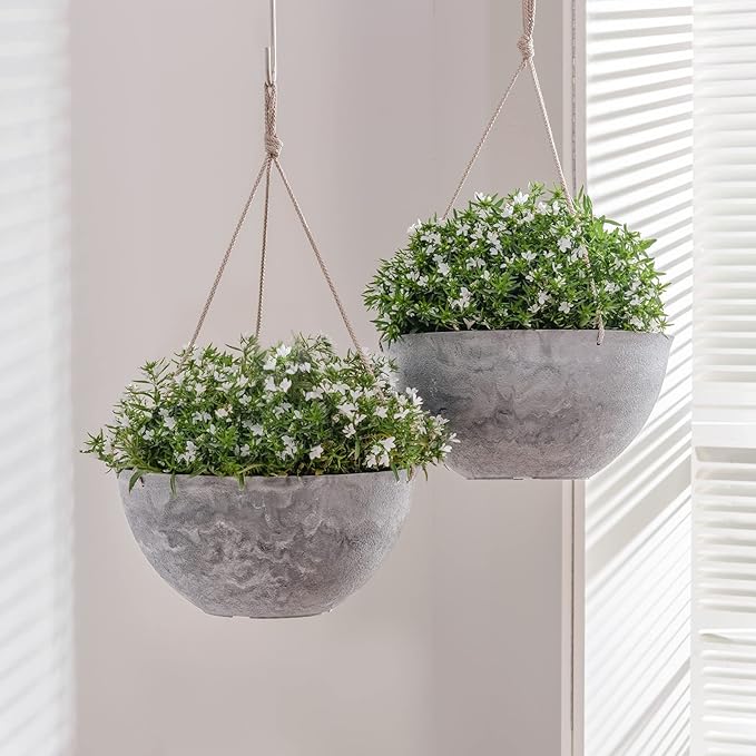 LA JOLIE MUSE Hanging Planter Flower Plant Pots - 10 Inch Indoor Outdoor Balcony Patio Hanging Basket Set of 2, Marble Pattern