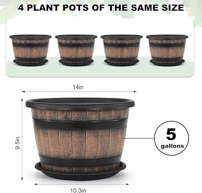 Quarut Large Plastic 4 Pack14 inch Plant Pots,Whiskey Barrel Planters with Drainage Holes & Saucer.Flower Pots Imitation Wine Barrel Design for Indoor & Outdoor Garden Balcony Plants.5 Gallons(Brown)