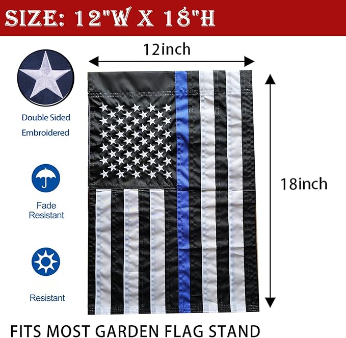 US Embroidered Thin Blue Line Garden Flag Double Sided 12x18 Inch American Police Yard Lawn Garden Flags Banner Heavy Duty Vivid Color