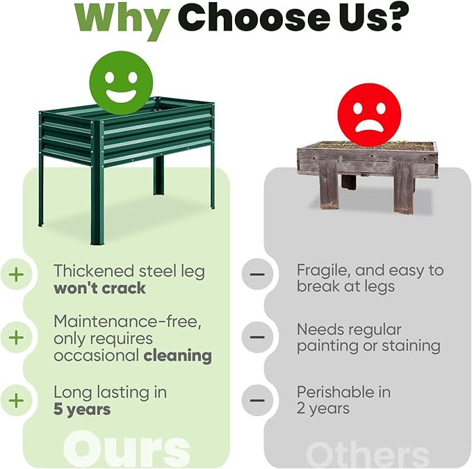 KING BIRD Large Raised Garden Bed with Legs Galvanized Elevated Planter Box 48×24×30 in for Backyard, Patio, Balcony, 400lb Capacity, Green