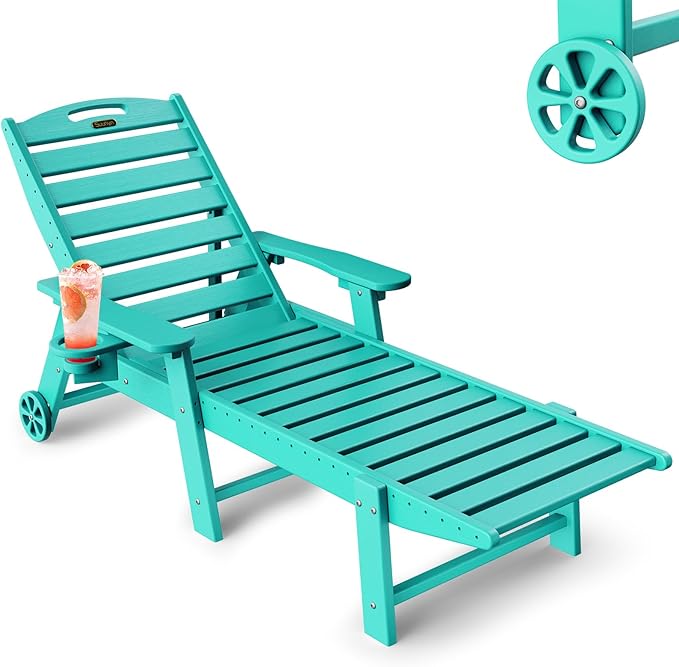 Lounge Chair Outdoor, Chaise Lounge, HDPE 6-Position Outdoor Chaise Lounge, Patio Lounge Chair with Wheels & Cup Holder for Pool Poolside Deck Backyard, Lake Blue