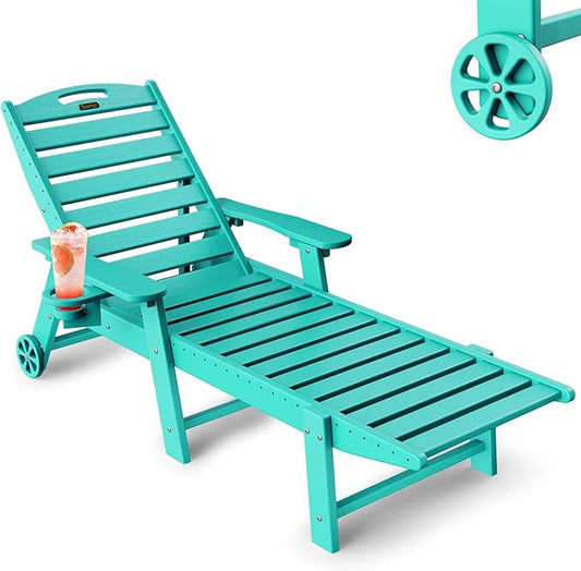 Lounge Chair Outdoor, Chaise Lounge, HDPE 6-Position Outdoor Chaise Lounge, Patio Lounge Chair with Wheels & Cup Holder for Pool Poolside Deck Backyard, Lake Blue