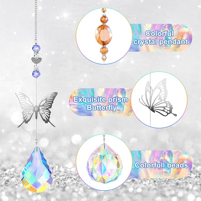 Hicarer 7 Pieces Crystals Suncatcher Butterfly Prism Sun Catchers Colorful Crystal Chandelier Rainbow Pendant Christmas Tree Decor Wall Hanging Window Ornament