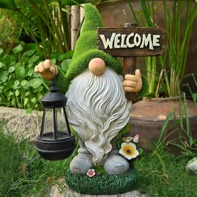 Garden Gnome Statue Outdoor Decor Large Flocked Resin Gnome Figurine with Solar Light Holding Lantern Welcome Sign Garden Yard Decorations Dwarf Sculpture for Outside Patio Porch Lawn Decor.