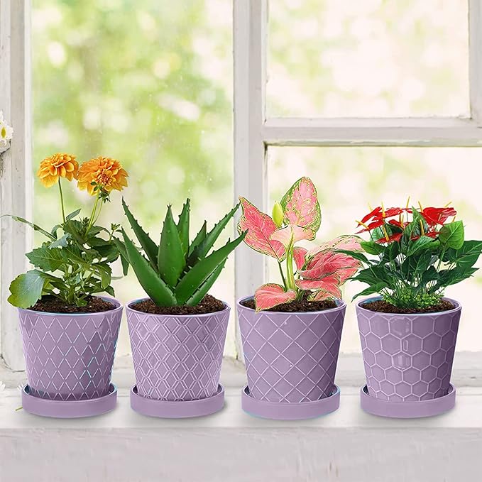 Plant Pots Indoor –5 in Ceramic Flower Pot with Drainage Hole and Ceramic Tray - Gardening Home Desktop Office Windowsill Decoration Gift, Set of 4 - Plants Not Included(Purple)