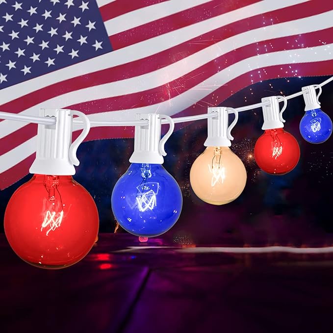 4th of July Decorations String Lights, 25Ft Outdoor Patio String Lights with 27 G40 Red White and Blue Light Bulbs(2 Spare), Independence Day Lights for Patriotic Party Garden Festival Decor- White