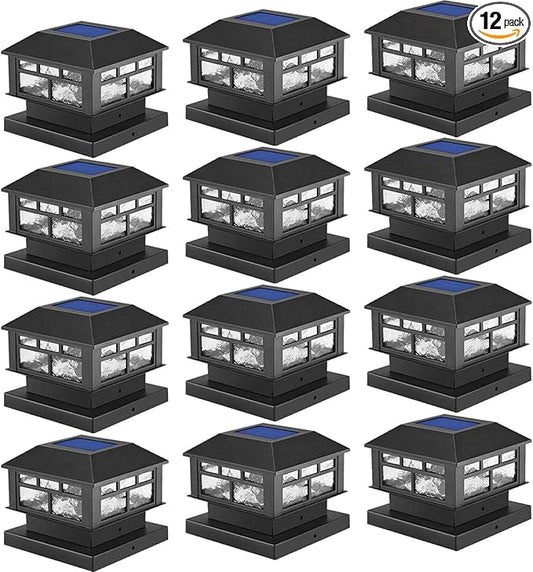 Solar Post Cap Lights Fit 3.5x3.5 4x4 5x5 Wood Posts Black Fence Post Light Solar Powered 12 Packs