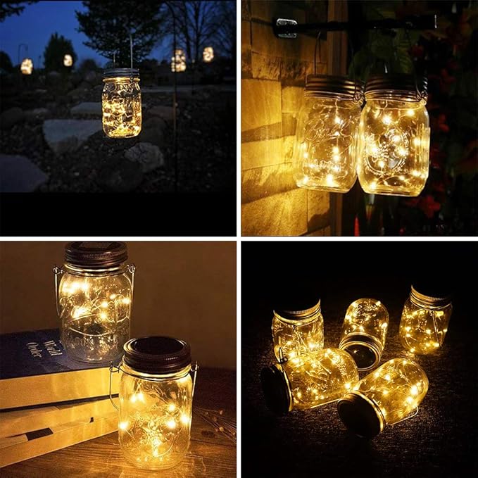 Solar Mason Jar Lights [Updated], 8 Pack 20 LED Waterproof Fairy Firefly Jar Lids String Lights with Hangers(NO JARS), Patio Yard Garden Wedding Decoration - Warm White