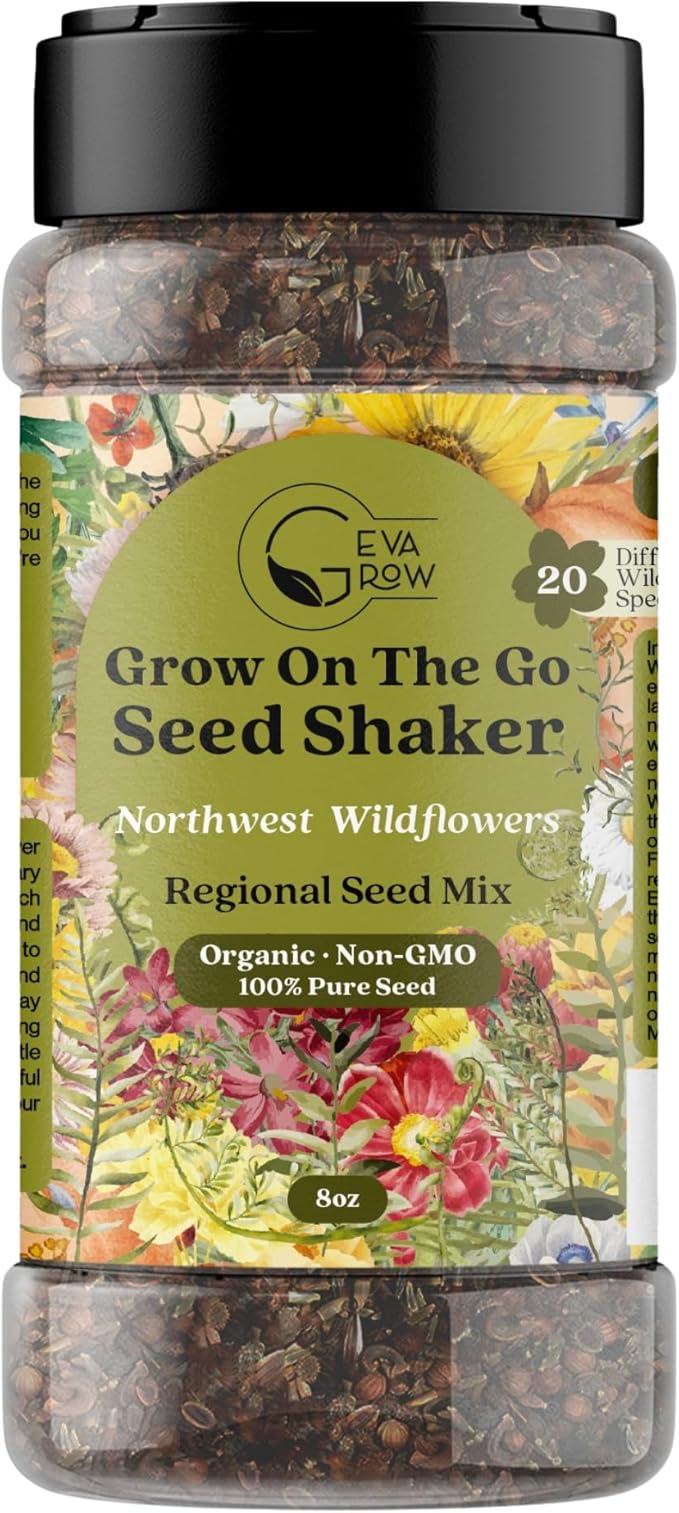 Geva Grow on The Go Seed Shaker - Northwest Wildflower Seeds Regional Mix - Organic, Non-GMO - 100% Pure Seed - 20 Different Wildflowers Seeds of Annual and Perennial, 8oz