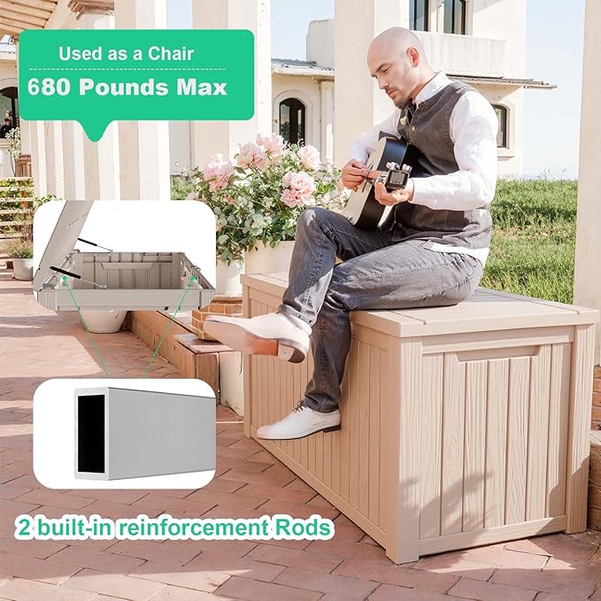 180 Gallon Outdoor Deck Box,Storage Lockable Waterproof Patio Furniture,Garden Tools,Cushions,Pool Accessories Outside Storage Resin Box(Grey)