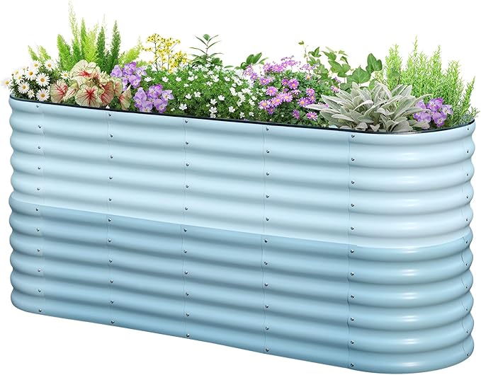 KING BIRD Raised Garden Bed 2.85 ft Tall 9 in 1 Galvanized Planter Garden Box Outdoor for Gardening, Deep Root Vegetables, Flowers 78.7X23.6X34.2 in, Light Blue