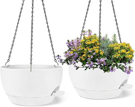 2 Pack 12 Inch Large Hanging Planters with Chains Self Watering White Plastic Hanging Pots for Indoor Outdoor Plants, Garden Porch Home Decor，White