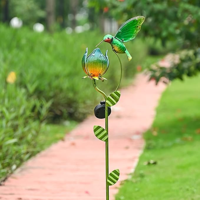 TERESA'S COLLECTIONS Glass Flower Bird Pathway Solar Outdoor Light for Garden Decor, 41'' Tulip and Hummingbird Metal Decorative Stakes Yard Art for Lawn Patio Porch Decorations, Gifts for Mom